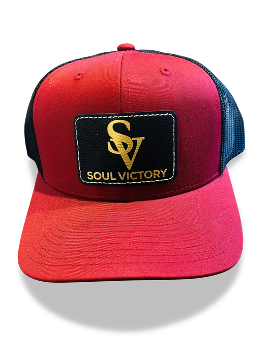 Red Front/Black Back SV Logo Rectangle Patch Gold Letters, Trucker Hat